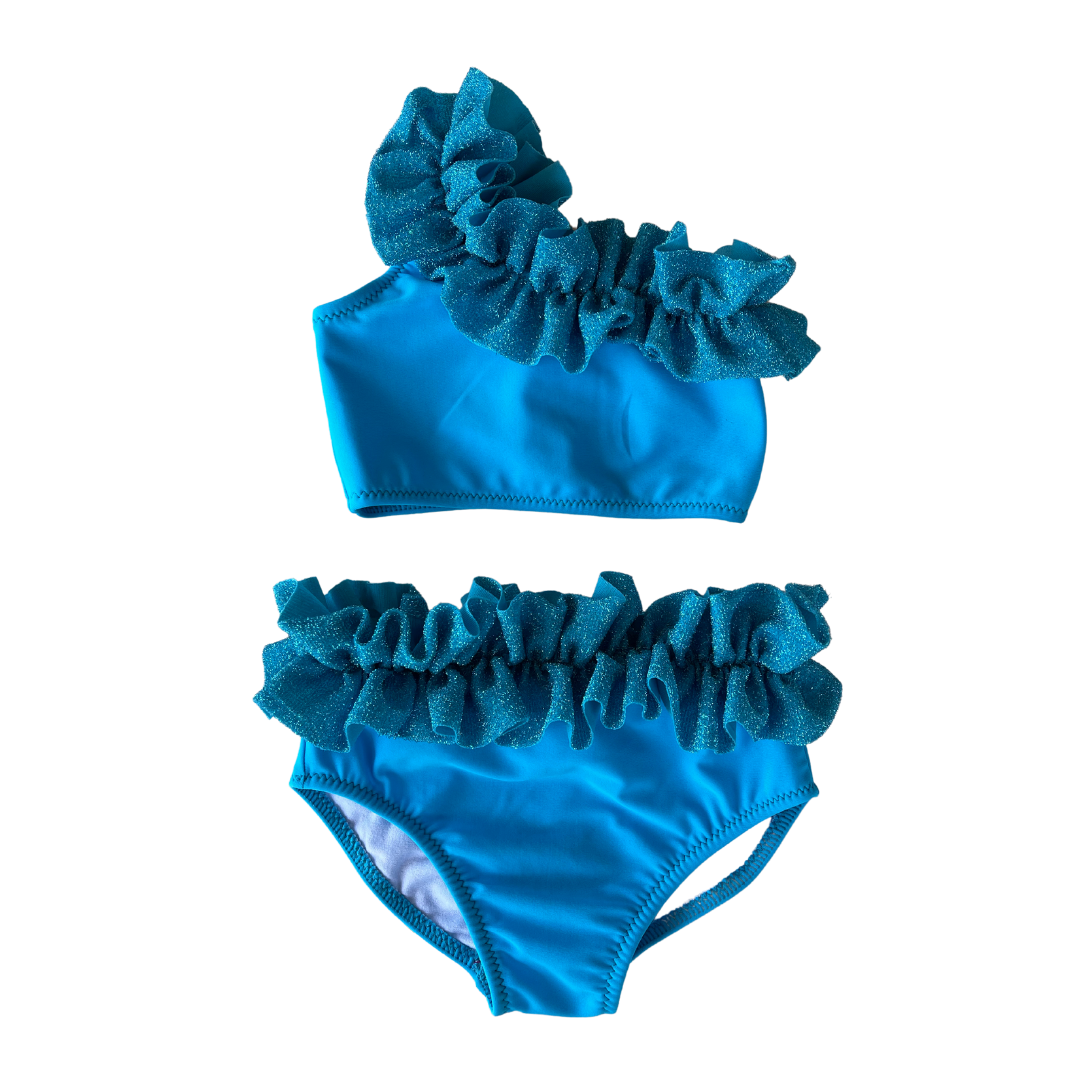 One-shoulder bikini with glitter ruffles for girls