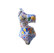 One-shoulder trikini for girls with Sicilian print - majolica 
