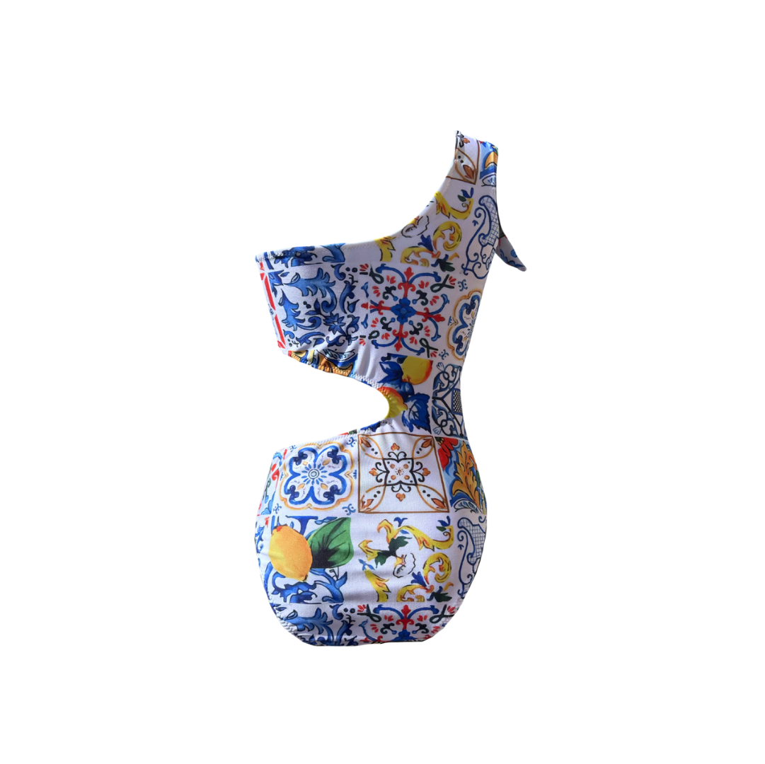 One-shoulder trikini for girls with Sicilian print - majolica 