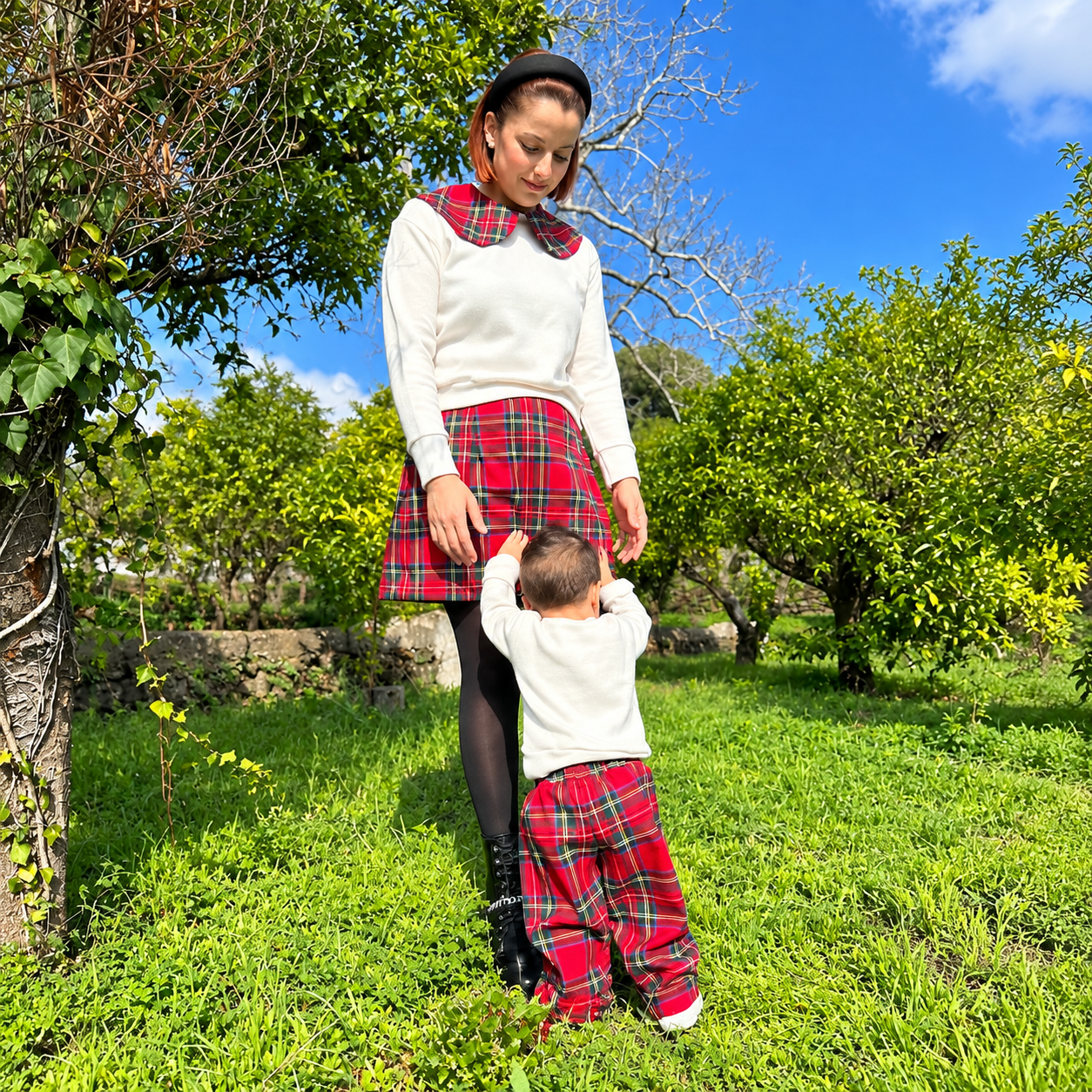 Red Scottish tartan coordinated for mom