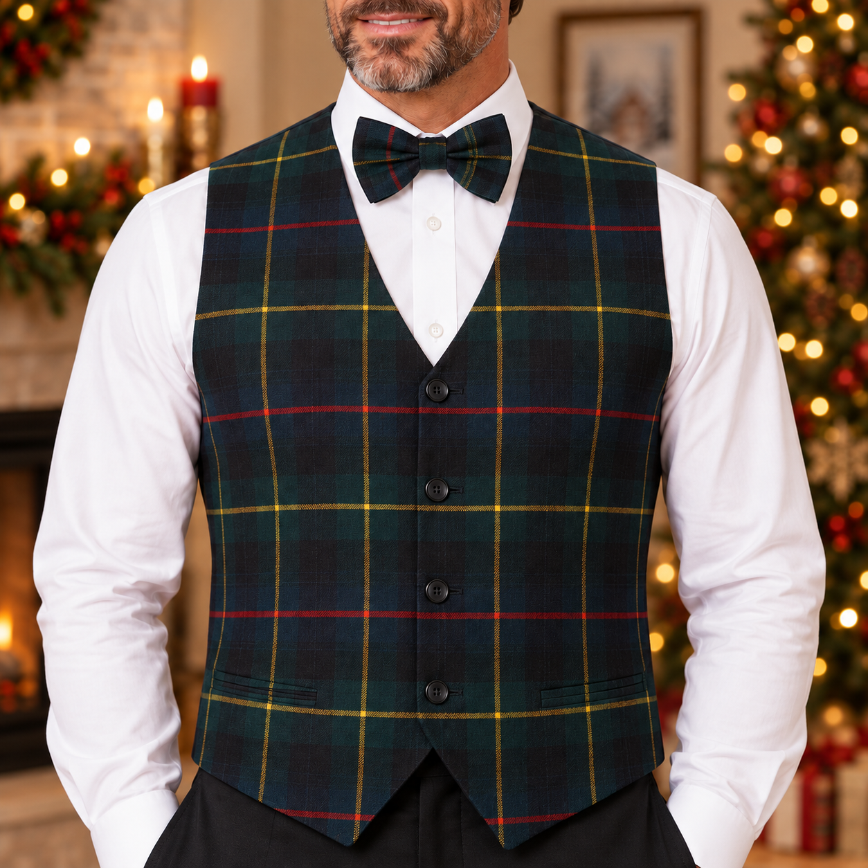 Gilet in tartan scozzese blu e verde a righe con papillon adulto