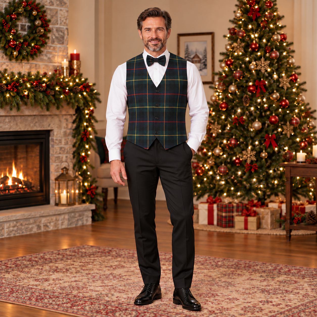 Gilet in tartan scozzese blu e verde a righe con papillon adulto