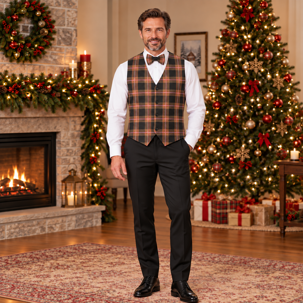 Gilet in tartan scozzese classico con papillon adulto