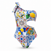 Women's one-shoulder trikini with Sicilian print - majolica 